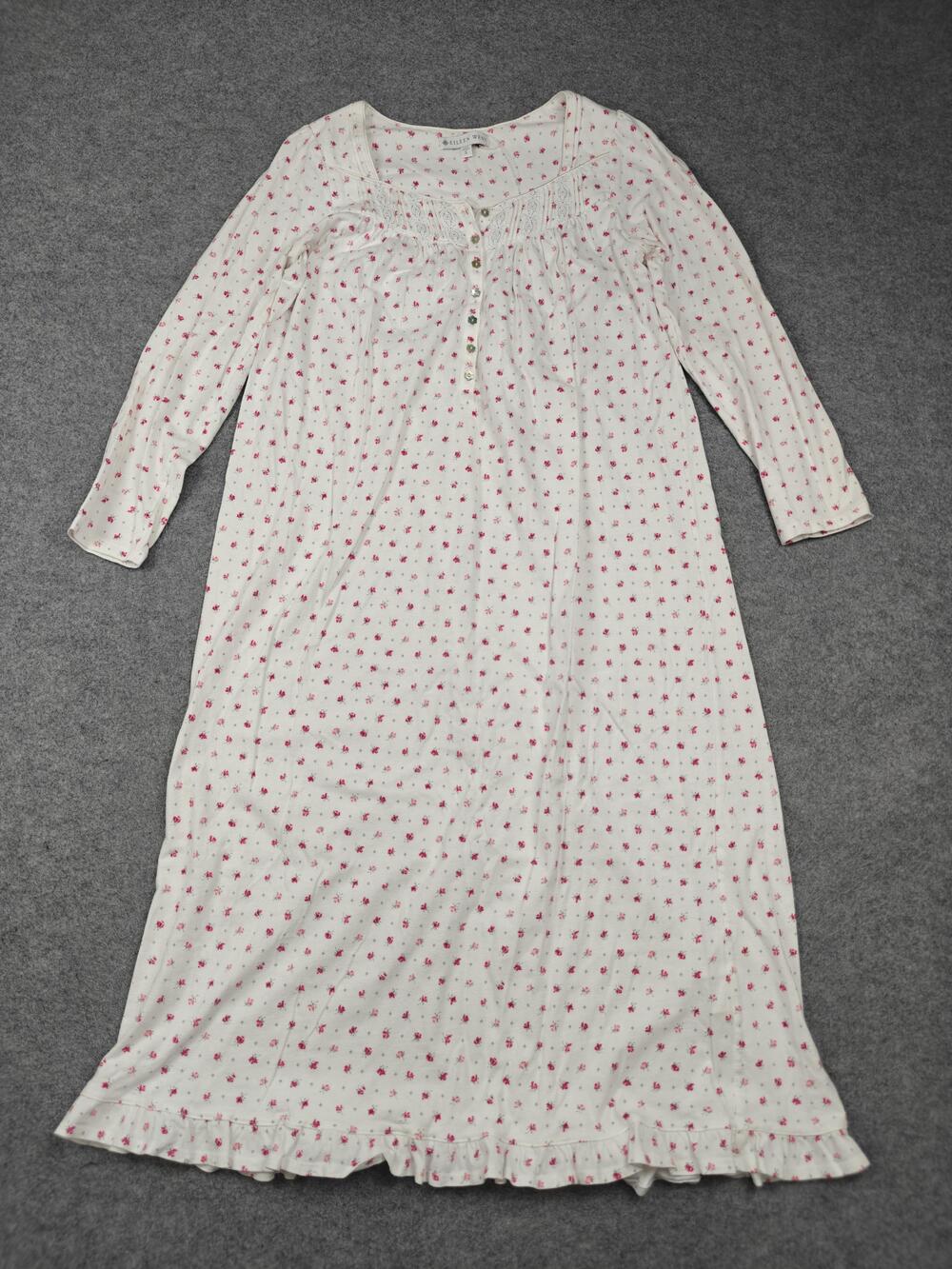 Eileen West Gown Womens Small White Floral Chemise 3/4 Sleeve Button Ruffle